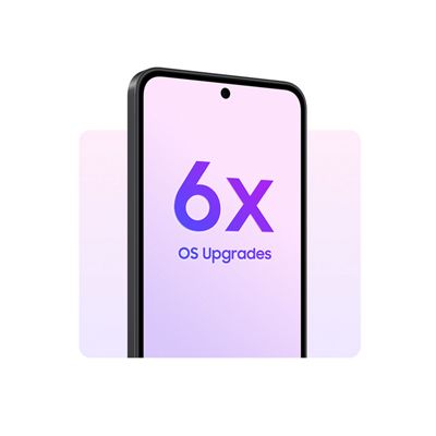 A tombstone frame of a smartphone showing 6 OS upgrades.