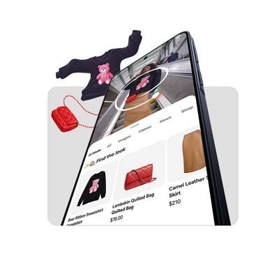 Angled smartphone displaying a shopping app with leather bags, surrounded by floating accessories like a handbag and crossbody purse.