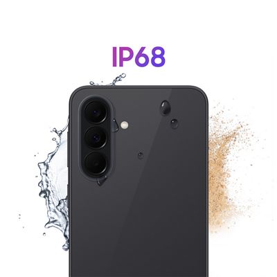 Close-up of a smartphone’s rear camera with water splashing and dust particles, highlighting IP68.