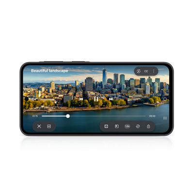 Smartphone screen showing a video editing interface with a city skyline clip, timeline controls, and playback tools. 