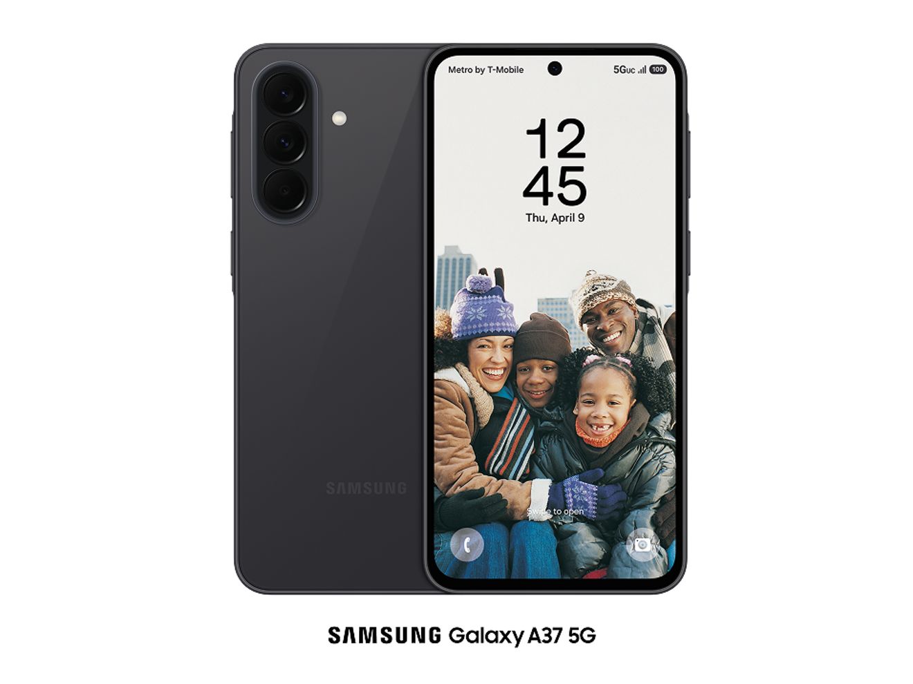 Samsung Galaxy A37 5G. Una familia disfrutando de un día de nieve en la pantalla de inicio de un teléfono.