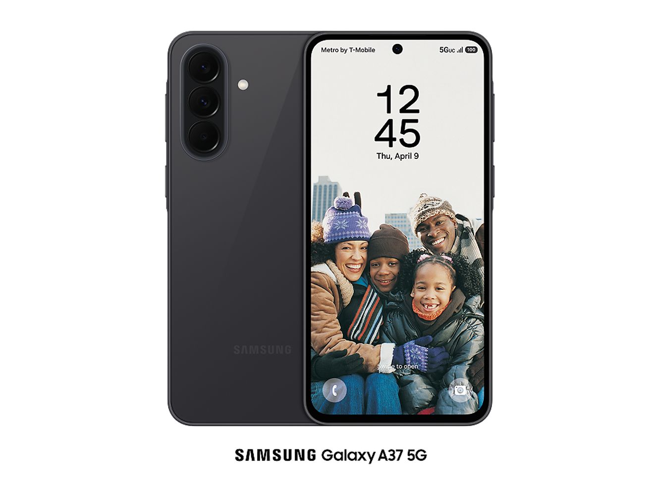Samsung Galaxy A37 5G. A family enjoying a snow day together on a phone's home screen.