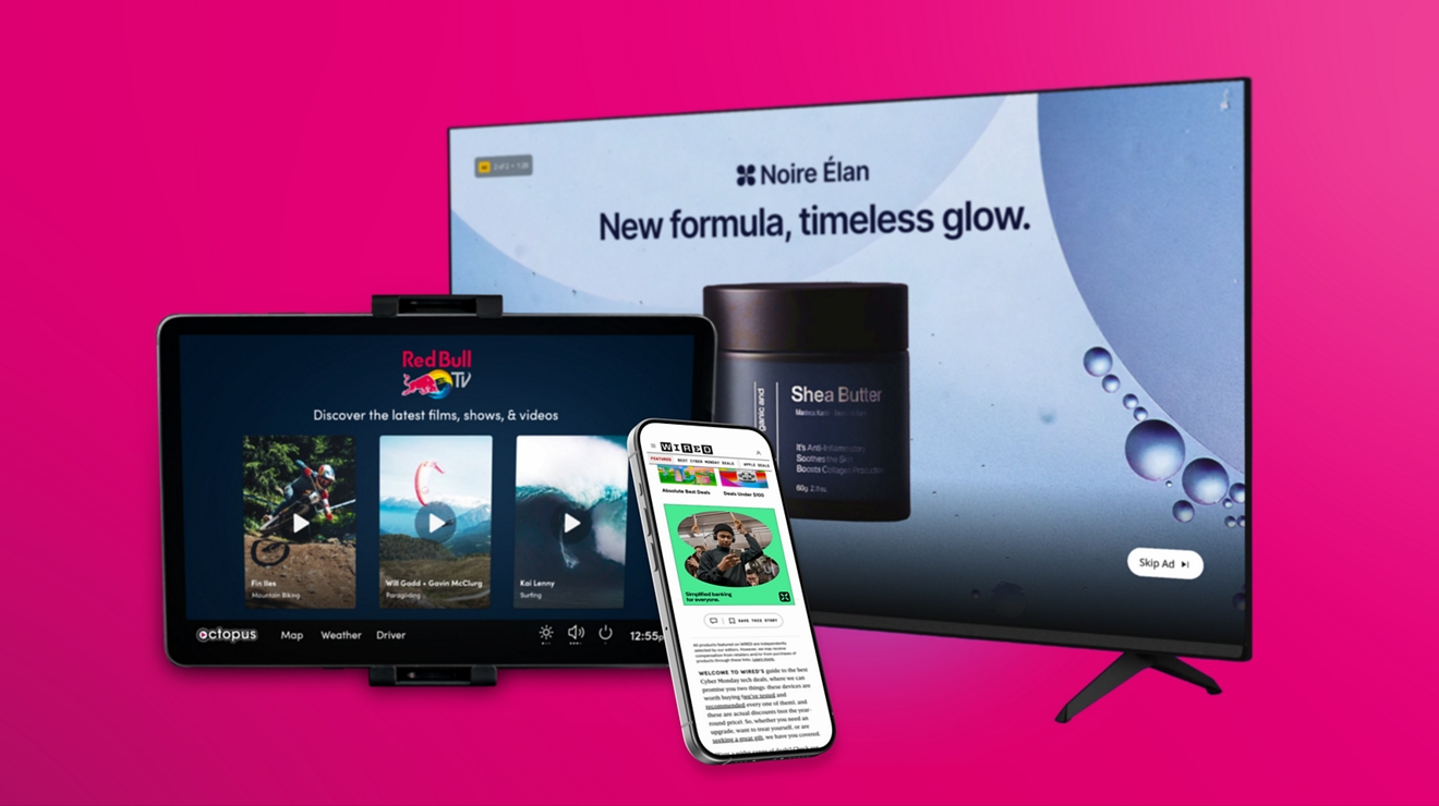 Various brand ads displayed on a desktop computer, tablet, and smartphone.