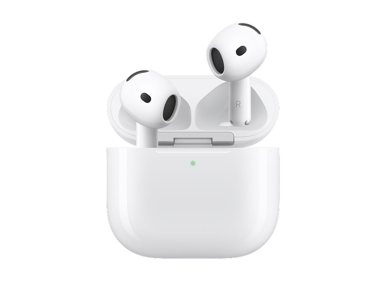 A set of white Apple AirPods 5 resting in a white wireless charging station