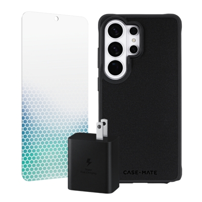 Screen protector, power adapter, and back of black phone case.