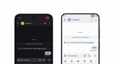 Two Android phones opened to the contacts screen indicate the “connected to T-Satellite" icon