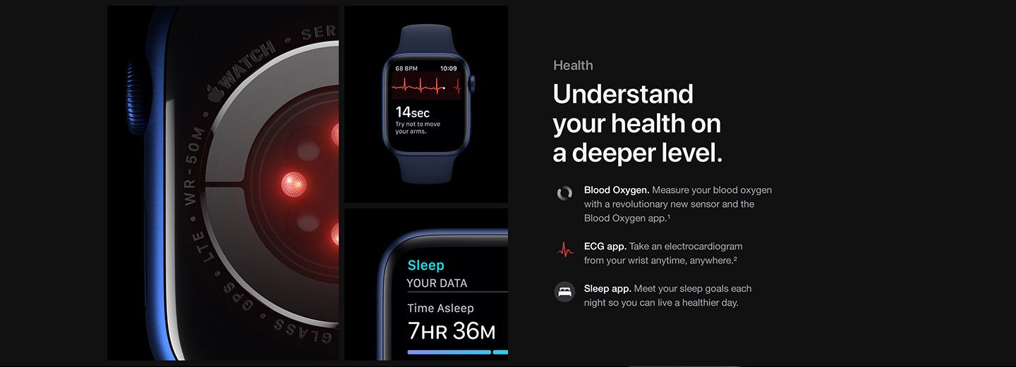 Health: You can understand your health on a deeper level with the Apple Watch Series 6. 1. Blood Oxygen: Measure your blood oxygen with a revolutionary new sensor and the Blood Oxygen app. (See footnote #1). 2. ECG app: Take an electrocardiogram from your wrist anytime, anywhere. (See footnote #2). 3. Sleep app: Meet your sleep goals each night so you can live a healthier day.
