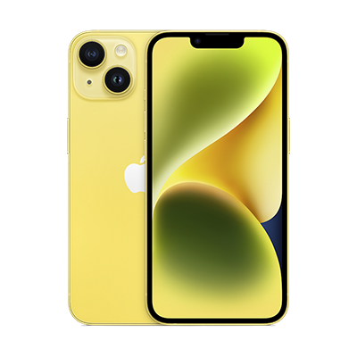 Front and back of yellow iPhone 14 shown 