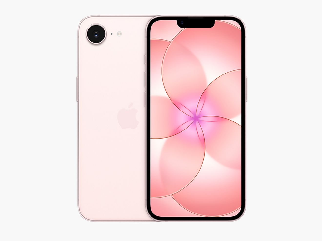 An iPhone 17e shown from the front and back in a soft pink finish, highlighting its clean design and bright, modern display.
