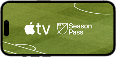 An iPhone screen with the MLS Season Pass and Apple TV logos floating over a soccer field. 