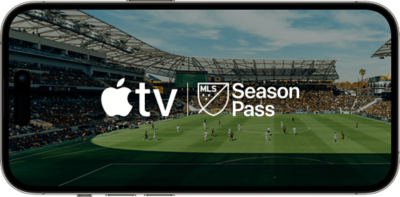 An iPhone screen with the Apple TV and  MLS Season Pass logo floating over a soccer field. 