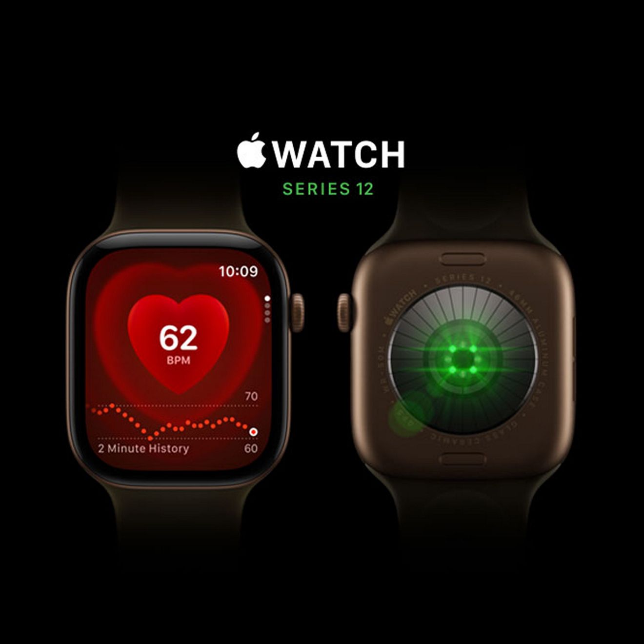 Front and back views of Apple Watch Series 12 showing the display and heart rate sensor.