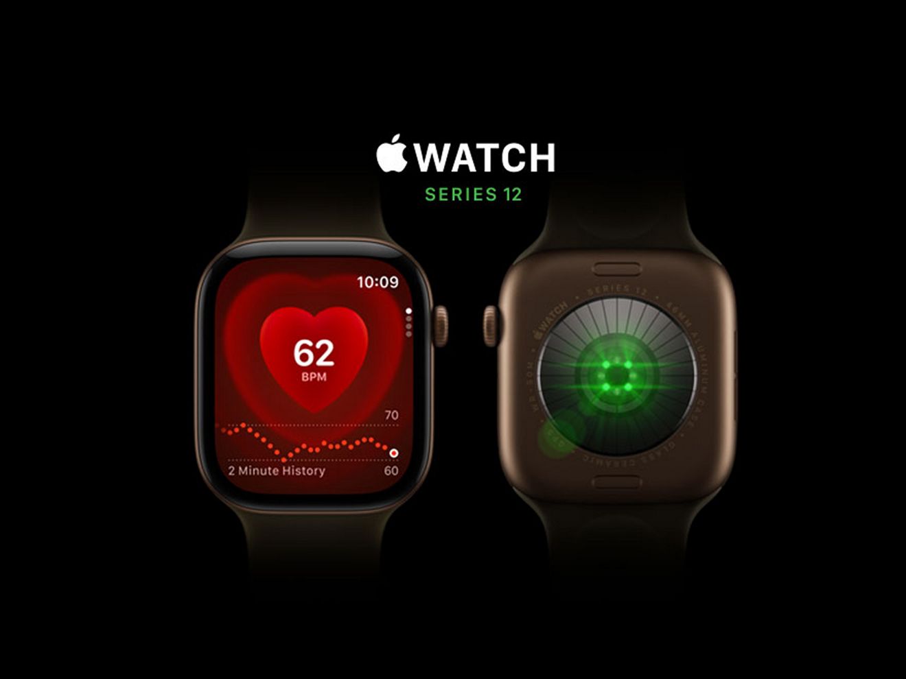 Front and back views of Apple Watch Series 12 showing the display and heart rate sensor.