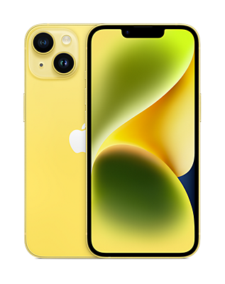 Front and back of  yellow iPhone 14 shown