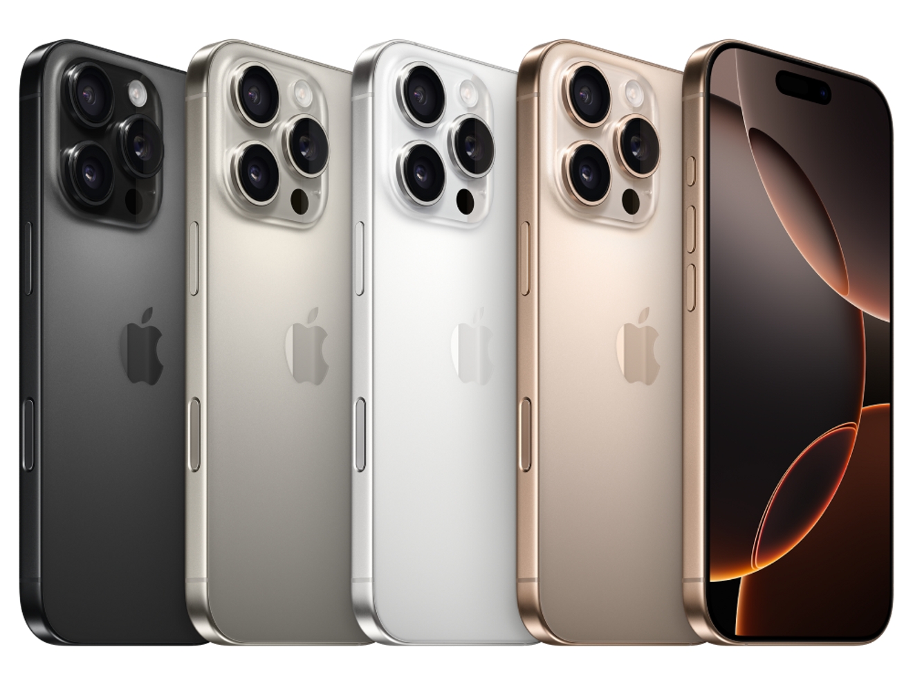 Four iPhone 16 lined up in the colors black, gold, white, and rose gold.
