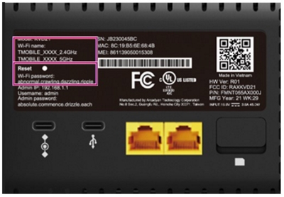 Arcadyan KVD21 Gateway Label with an outline around the Wi-Fi name and password in the top-left corner