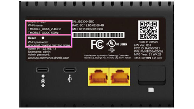 Arcadyan KVD21 Gateway Label with an outline around the Wi-Fi name and password in the top-left corner