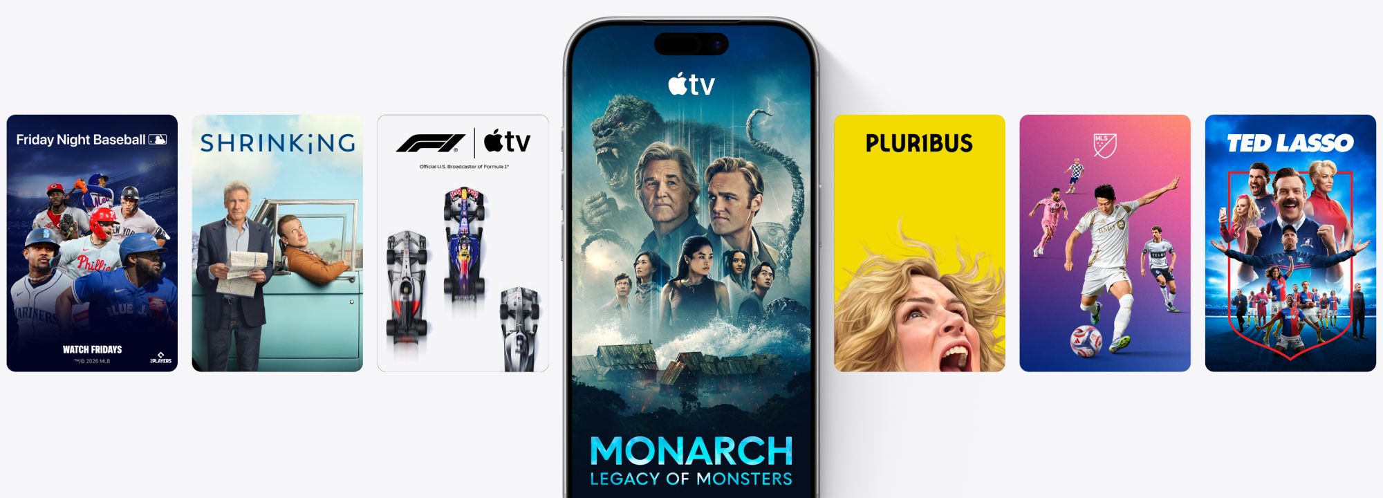 Various Apple TV Original shows shown with phone in the middle highlighting “Monarch Legacy of Monsters”.