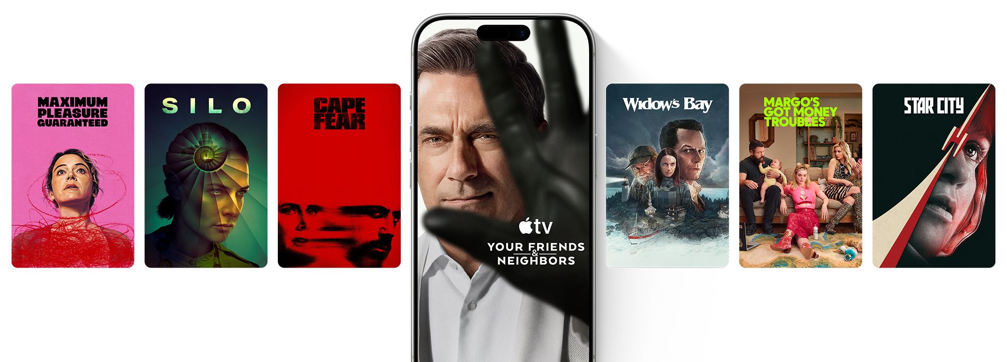 Various Apple TV Original shows shown with phone in the middle highlighting “Monarch Legacy of Monsters”.