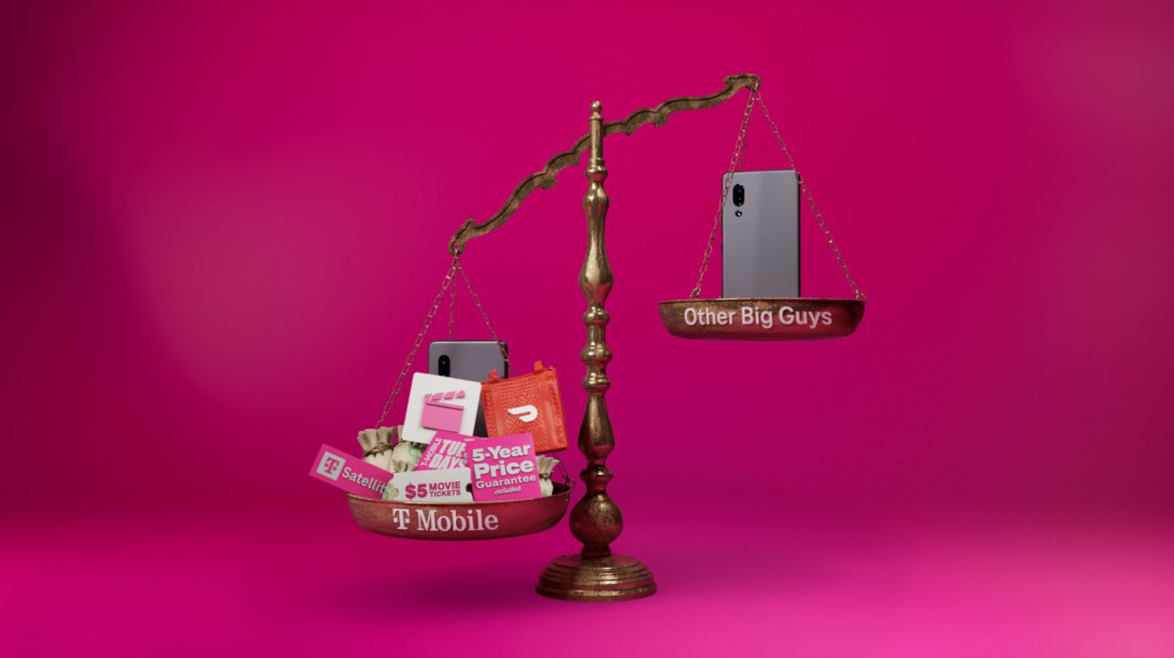 Scale weighing T-Mobile bundle of streaming services against a single phone labeled other carriers on a magenta backdrop.