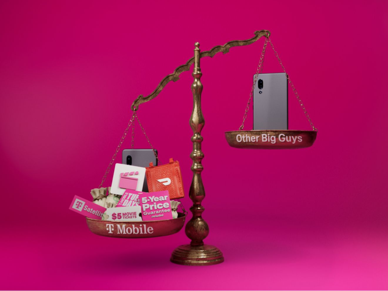Scale weighing T-Mobile bundle of streaming services against a single phone labeled other carriers on a magenta backdrop.