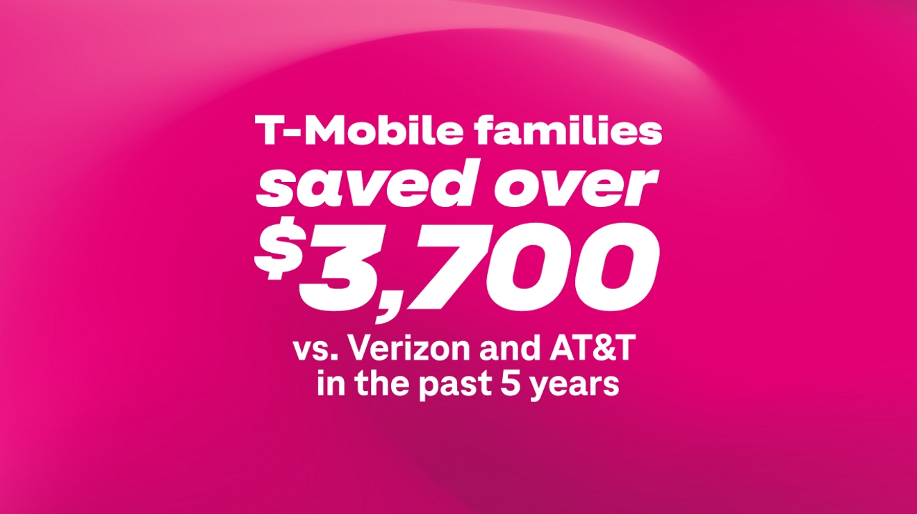 Graphic with magenta background stating: “T-Mobile families saved over $3,700 vs. Verizon and AT&T in the past 5 years.”