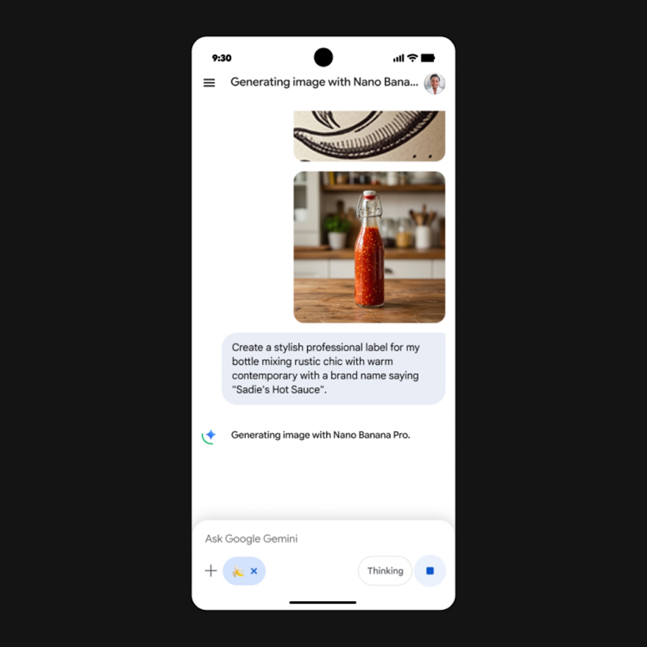 A smartphone screen showing an AI chat generating and sharing images.