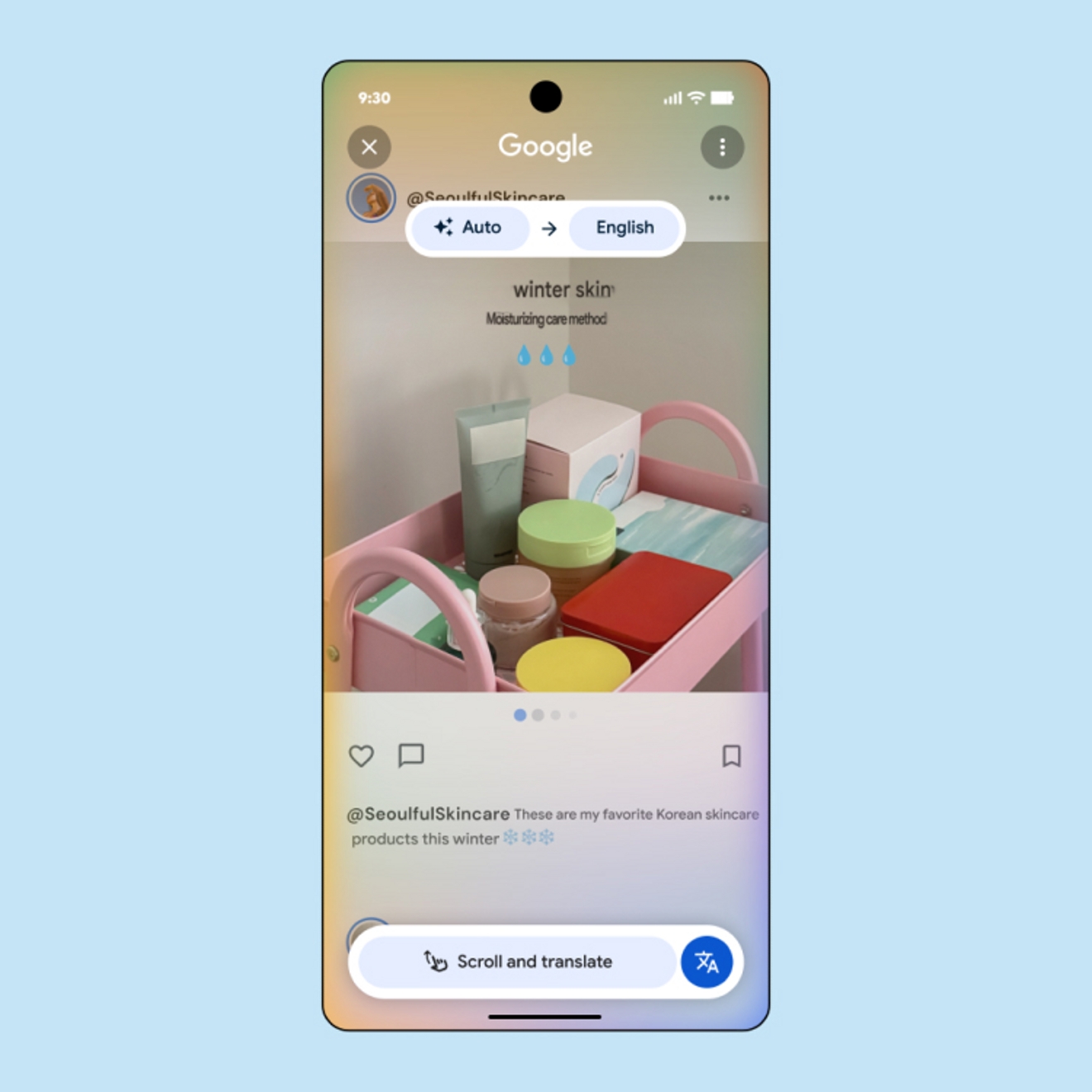 A mobile screen demonstrating the Circle to Search feature, translating text from images, videos, and posts within an app feed.
