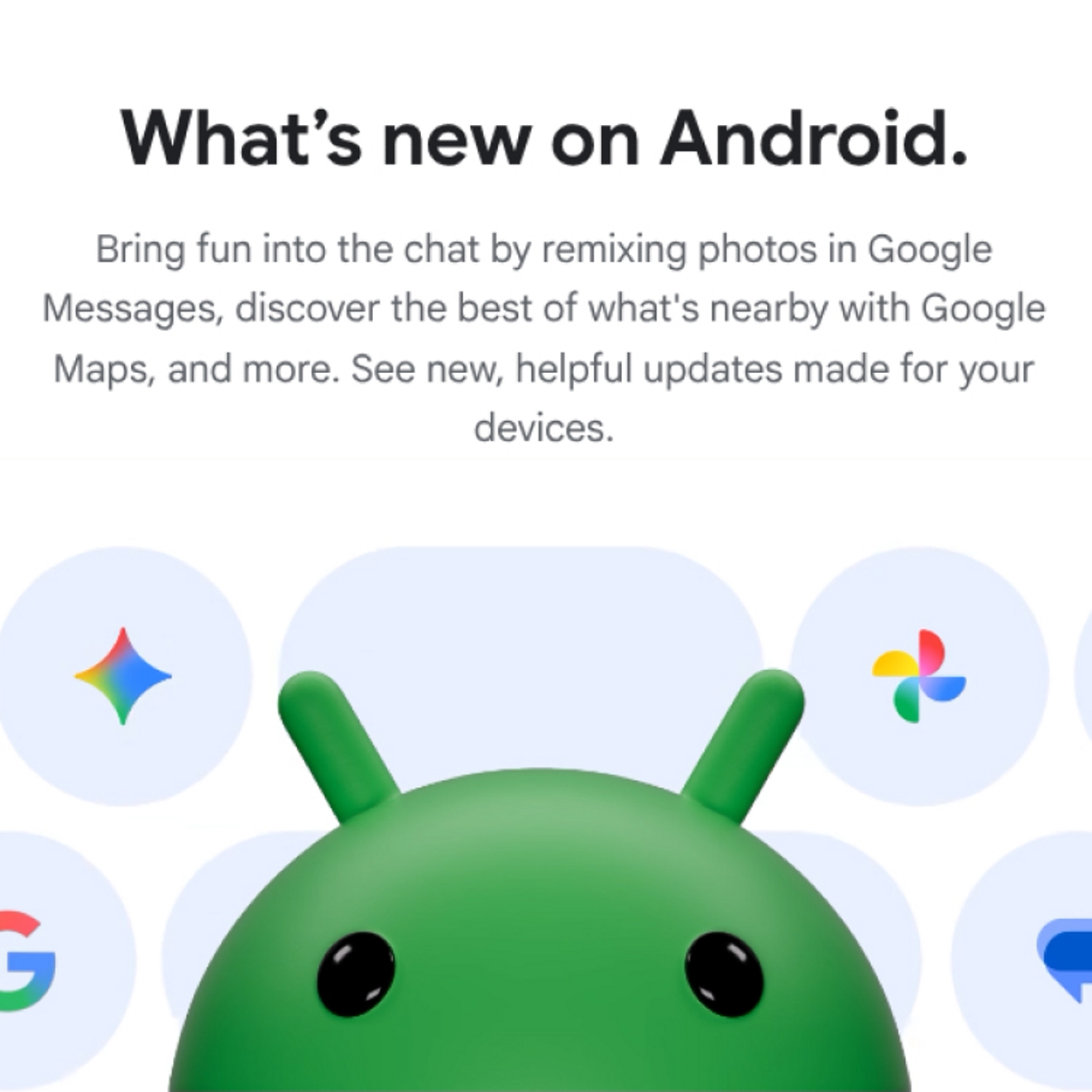 The Android mascot centered on a feature announcement card, surrounded by Google app icons on a light background.