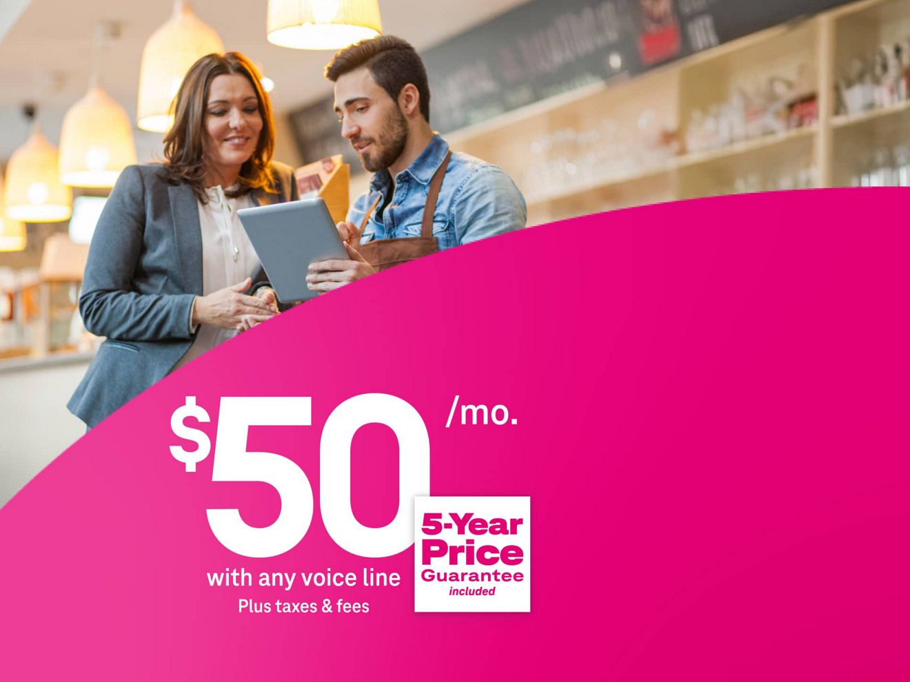 A barista and manager use 5G Business Internet on a tablet for $50 per month with eligible voice line plus taxes and fees, includes 5-year price guarantee.