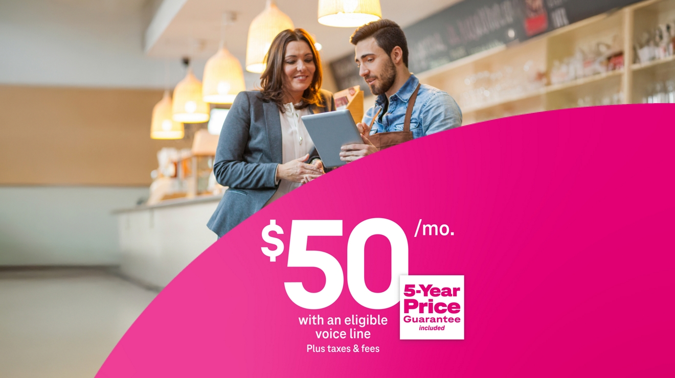 A barista and manager use 5G Business Internet on a tablet for $50 per month with eligible voice line plus taxes and fees, includes 5-year price guarantee.