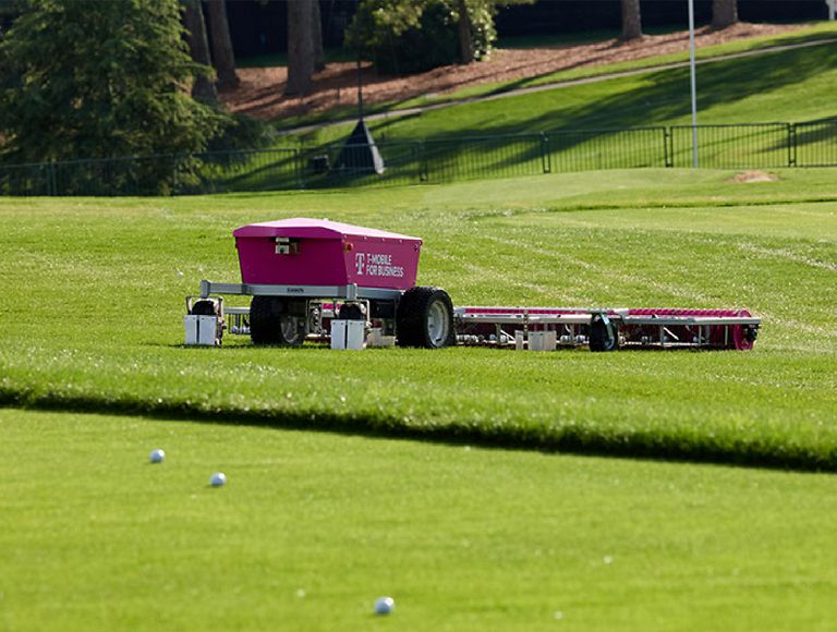 T-Mobile’s 5G Autonomous Robot Ball Picker on the practice range. 