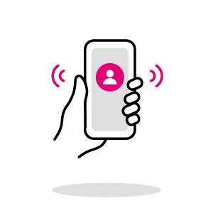 Outline of a hand holding a ringing phone showing a contact icon