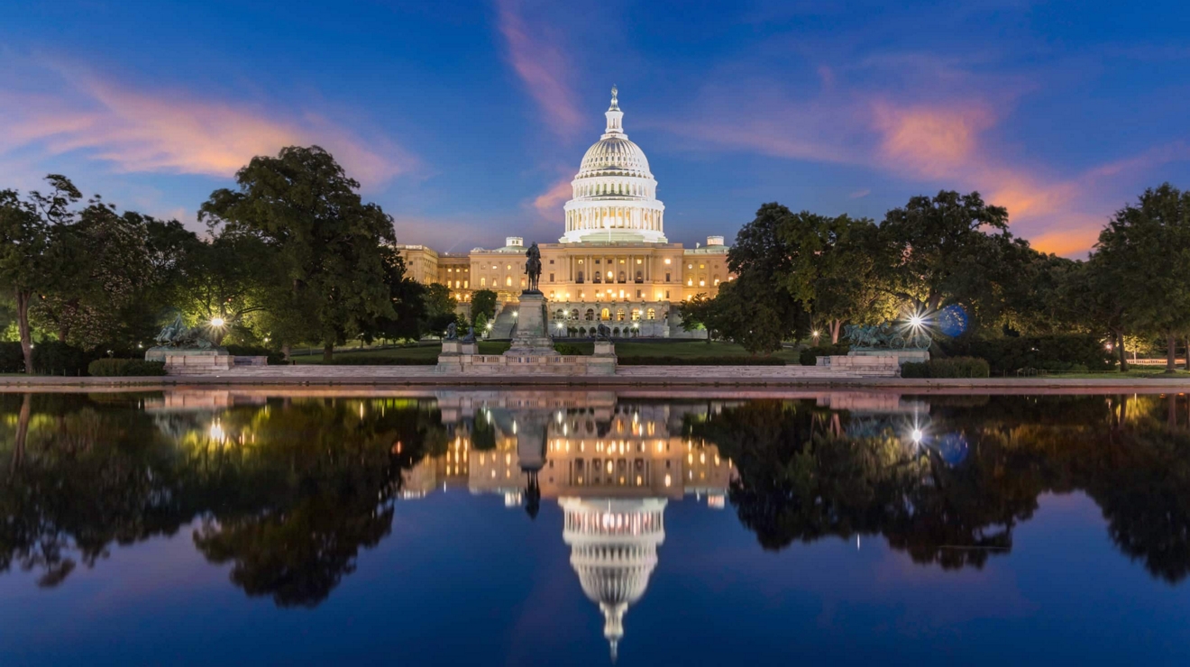 The U.S. Capitol building in the evening.