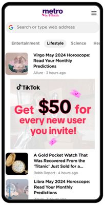 Android phone showing Chrome browser experience for Metro by T-Mobile customers featuring lifestyle stories and a TikTok video.