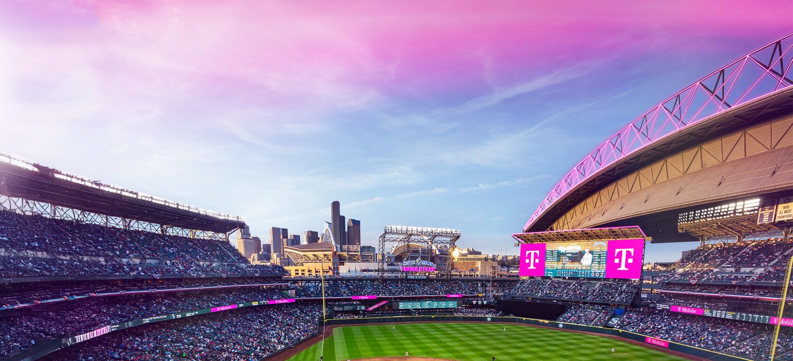 Aerial view of the ballfield inside T-Mobile Park. 