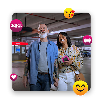 A couple, surrounded by happy emojis, walks through the lobby of a Dollar Car Rental. 