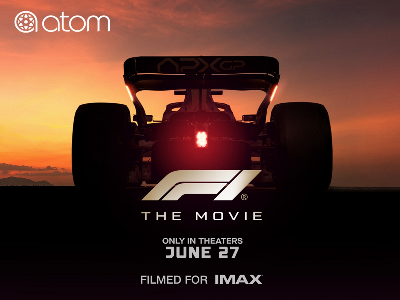 The F1 movie poster featuring the back of a race car against a sunset. 