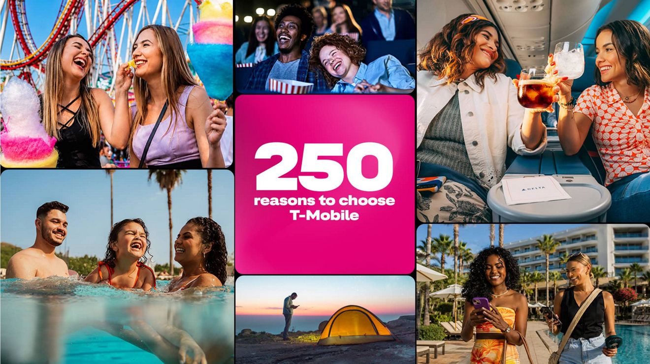 A collage of people enjoying summer activities. Two hundred and fifty reasons to choose T-Mobile. 