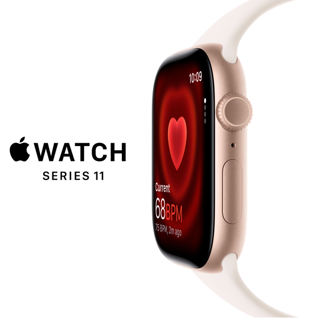 The profile of the Series 11 Apple Watch displaying a heart rate monitor.