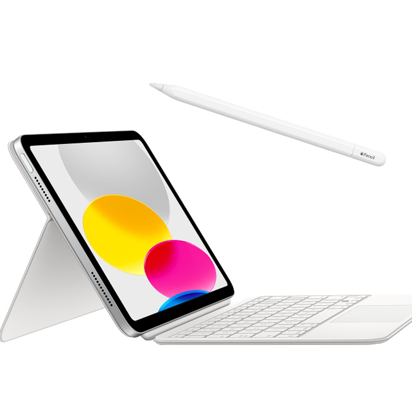 An Apple Pencil and Magic Keyboard are set together.