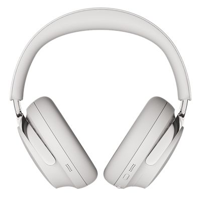 Minimalist view of silver noise-canceling over-ear headphones with padded ear cups.