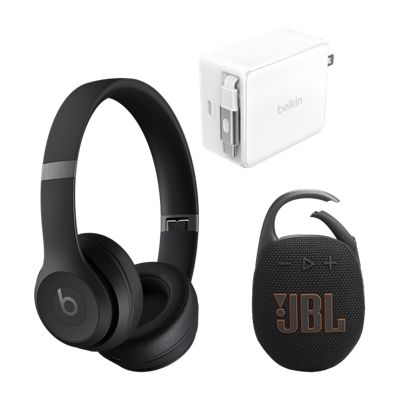 Beats Solo four, JBL Clip five, and the Belkin sixty-seven watts retractable charger are set together.