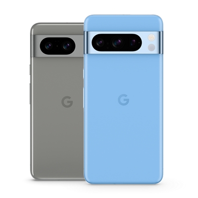 The front of a Google Pixel 8 and Pixel 8 Pro phone.