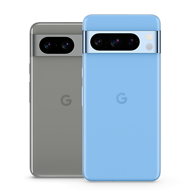 The back of a Google Pixel 8 and Google Pixel 8 Pro phone.