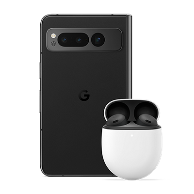 Back view of Google Pixel phone with a pair of Google Pixel buds A-Series.