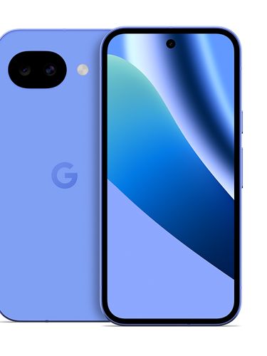 A light‑blue Google Pixel 10a is shown from the front and the back.
