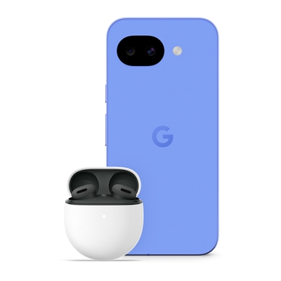 A light‑blue Google Pixel 10a is shown from the back, paired with white wireless Pixel Buds resting in an open charging case.