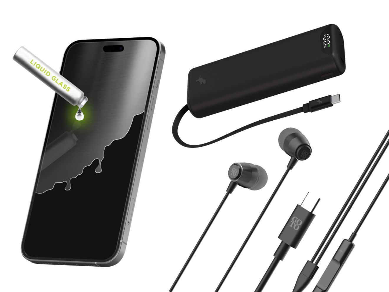 GoTo USB-C Wired Earbuds, Nimble CHAMP Stretch 10K with Retractable Cable, and the PureGear Liquid Glass are set together.