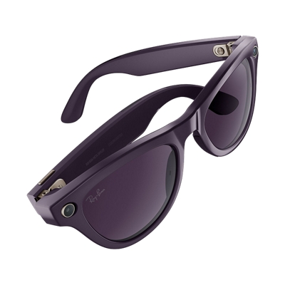 Ray-Ban Meta smart sunglasses in deep purple with round lenses and built-in camera on the frame.